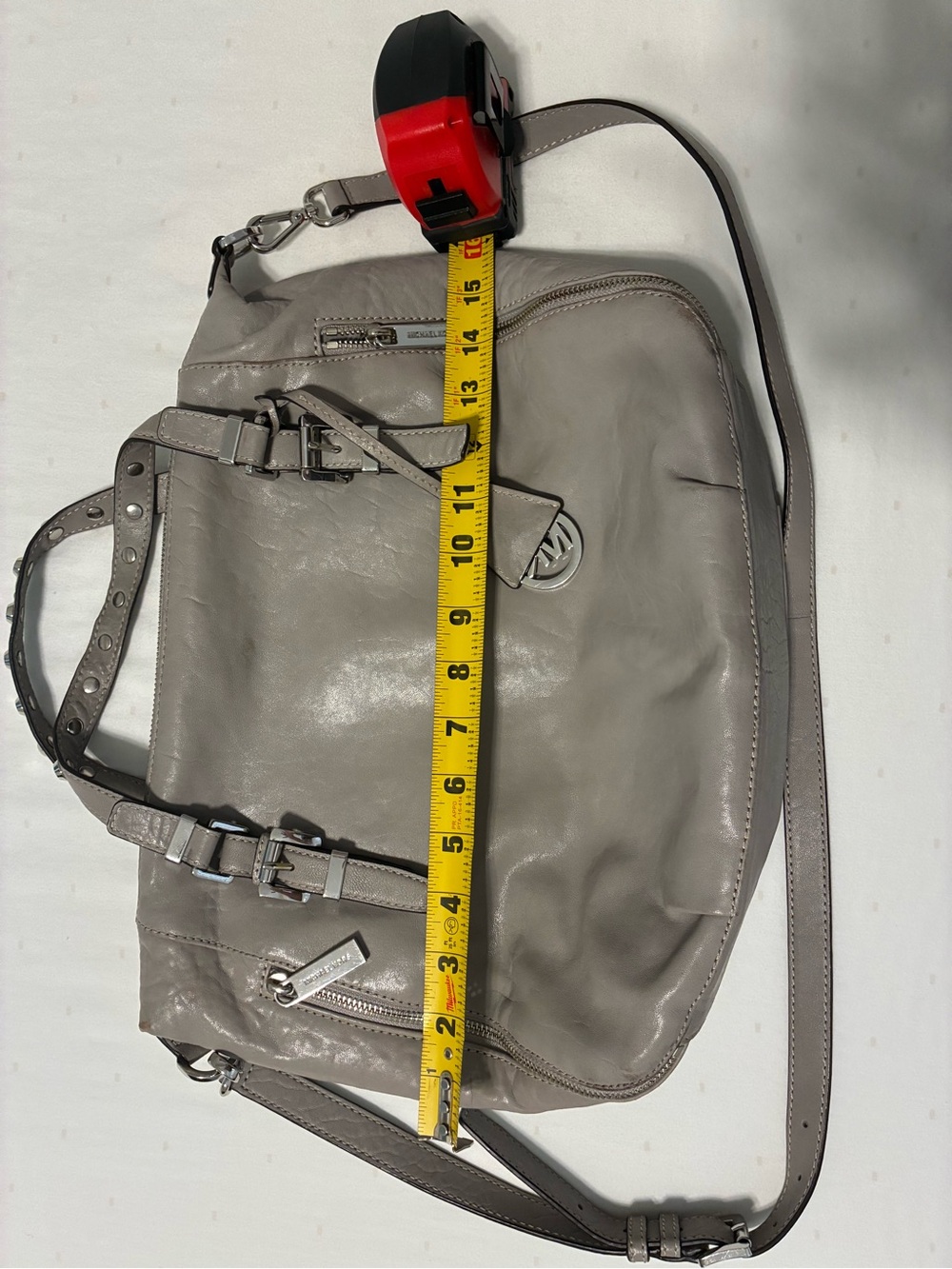 Gray Michael Kors Leather Satchel Tote with Buckle Details - Picture 5 of 7